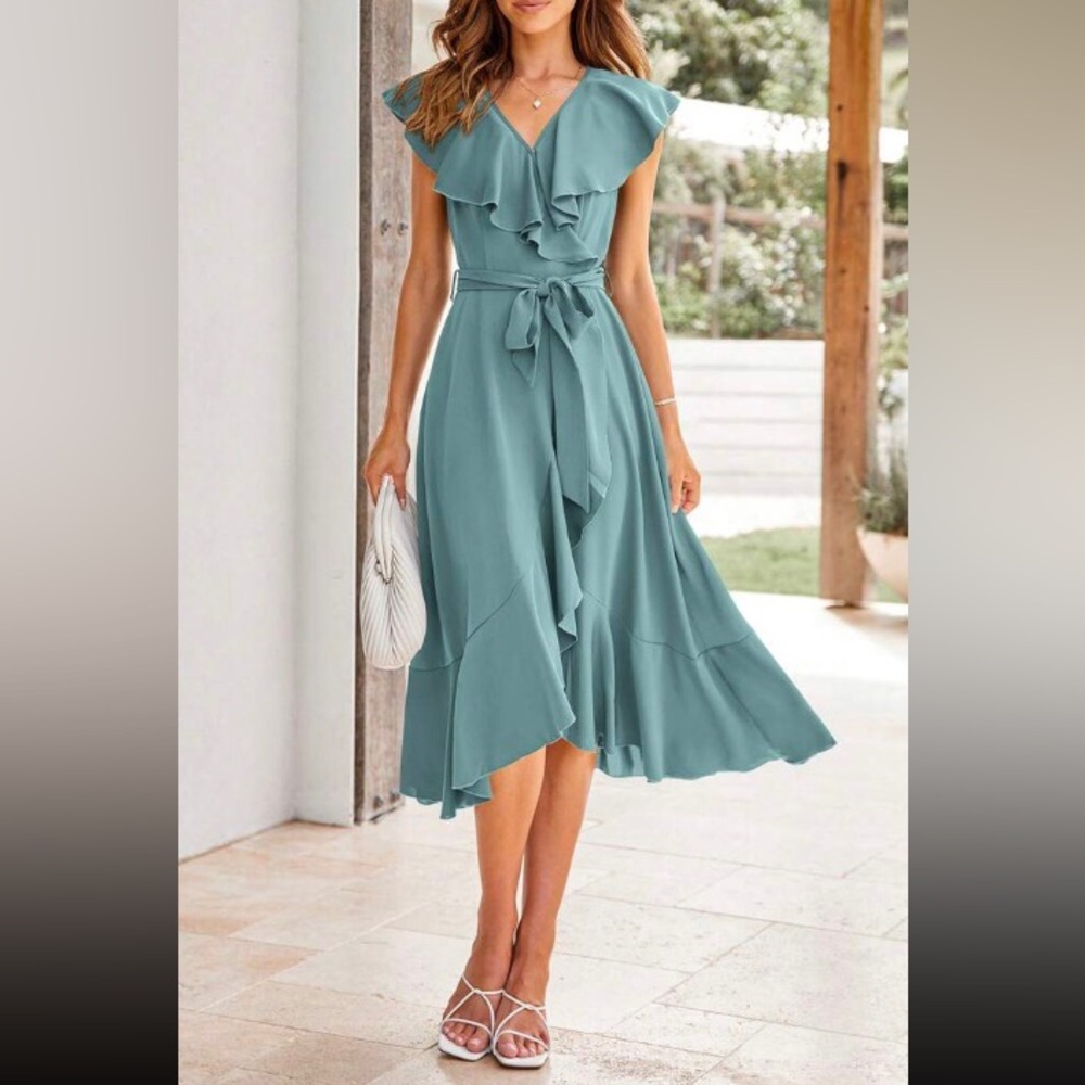 Blue Ruffled V-Neck Tie-Waist Midi Dress